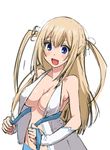  :d amagi_brilliant_park blonde_hair blue_eyes breasts cleavage long_hair medium_breasts navel open_clothes open_mouth open_shirt shirt simple_background smile solo sylphy_(amaburi) taka_(takahirokun) twintails white_background 