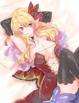  :3 armpits bed_sheet blonde_hair breasts choker cushion elbow_gloves elf from_above gloves hair_intakes large_breasts long_hair mizuki_nana navel pointy_ears putimaxi shironeko_project solo thighhighs 