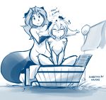  2019 anthro basitin bathing blush canid canine casual_nudity chest_tuft convenient_censorship crossed_legs dialogue digitigrade dipstick_tail duo english_text eyes_closed female fox gloves_(marking) keidran keith_keiser kneeling laura_(twokinds) male mammal markings monochrome multicolored_tail nude open_mouth simple_background singing sitting sketch smile soap socks_(marking) sweat sweatdrop text tom_fischbach tuft twokinds washtub webcomic white_background 