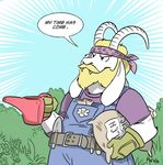  2016 anthro asgore_dreemurr boss_monster caprine clothing digital_media_(artwork) english_text fur gardener gardening_tools horn luisa-ft lynxgriffin male mammal mulch outside smile solo standing text trowel undertale video_games watering_can white_fur 