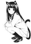  animal_ears black_legwear blush caidychen cat_ears cat_tail full_body greyscale highres long_hair monochrome original school_uniform shoes simple_background skirt smile solo squatting sweater tail white_background 