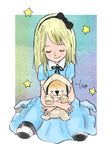  black_ribbon blonde_hair blue_dress closed_eyes commentary dog dress hair_ribbon long_hair meme original ribbon signature sitting sleeping solo star striped striped_legwear takeuchi_kou wariza 