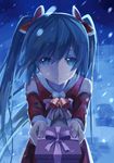  aqua_eyes aqua_hair bare_shoulders christmas gift green_hair hair_ribbon hatsune_miku highres long_hair looking_at_viewer ribbon santa_costume snow solo tianya_beiming twintails very_long_hair vocaloid 