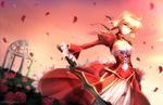  blonde_hair breasts cleavage dress epaulettes fate/extra fate_(series) flower gazebo green_eyes highres holding holding_sword holding_weapon looking_at_viewer medium_breasts nero_claudius_(fate) nero_claudius_(fate)_(all) petals pink_sky red_dress rose signature solo standing sword weapon yuitsuki1206 