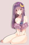  bad_id bad_pixiv_id bangs between_legs blush bottomless bow breasts cleavage collarbone crescent crescent_hair_ornament eyes_visible_through_hair hair_between_eyes hair_bow hair_ornament hair_ribbon hand_between_legs large_breasts long_hair navel open_mouth patchouli_knowledge purple_background purple_eyes purple_hair ribbon shiny shiny_hair simple_background sitting solo stomach thighs toes touhou tress_ribbon varyu very_long_hair yokozuwari 