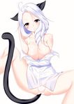  adjusting_hair animal_ears bad_id bad_pixiv_id blush braid breasts cat_ears cat_tail dress_shirt fang_out heart large_breasts looking_at_viewer naked_shirt off_shoulder original panties ramune_(cherrykde) red_eyes shirt solo spread_legs tail underwear white_hair white_panties 
