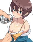  1girl alcohol aqua_eyes bare_shoulders beer beer_can blush breasts brown_hair bust_cup can cleavage collarbone commentary_request highres large_breasts looking_at_viewer new_game! open_mouth shinoda_hajime short_hair solo_focus top_pull wet yamacchi 