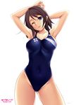  armpits arms_behind_head bare_arms bare_legs bare_shoulders blue_eyes blue_swimsuit breasts brown_hair competition_swimsuit copyright_name covered_navel covered_nipples cowboy_shot highleg highleg_swimsuit highres large_breasts looking_at_viewer love_live! love_live!_sunshine!! one-piece_swimsuit one_eye_closed short_hair solo swimsuit thighs tongue tongue_out tony_guisado watanabe_you white_background 