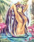  armpits arms_up bangs breasts company_name cowboy_shot eikou_no_guardian_battle flower green_eyes groin hair_censor hair_over_breasts hand_in_hair highres jewelry large_breasts long_hair looking_at_viewer madogawa navel nude official_art purple_hair smile solo tree very_long_hair wading water water_drop waterfall 