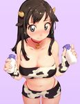  animal_ears animal_print bare_shoulders bell bell_collar black_eyes blush bottle breasts brown_hair cleavage collar collarbone cow_bell cow_ears cow_girl cow_horns cow_print cowboy_shot fingerless_gloves gloves highres holding horns large_breasts leaning_forward long_hair milk milk_bottle minato_(haexxxmint) navel original shorts simple_background smile solo strapless sweatdrop tubetop 