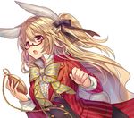  alice_in_wonderland animal_ears bangs black_bow blonde_hair blush bow bowtie bunny_ears bunny_tail cosplay eyebrows eyebrows_visible_through_hair formal glasses hair_between_eyes hair_bow holding long_hair madogawa open_mouth original pocket_watch red_eyes solo suit tail watch white_rabbit white_rabbit_(cosplay) 