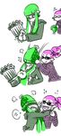  &gt;_&lt; 1boy 1girl :p anger_vein angry bangs beanie blunt_bangs brother_and_sister closed_eyes comic crazy_(zoza) domino_mask earrings fangs flying_sweatdrops fume glasses green_eyes green_hair hair_slicked_back hat hat_over_eyes heavy_splatling_(splatoon) highres hood hoodie inkling jewelry long_hair long_sleeves mask mouth_pull plaid plaid_shirt pointy_ears prank purple_hair sane_(zoza) scrunchie shirt short_hair siblings silent_comic smile splatoon_(series) splatoon_1 spoken_anger_vein standing tentacle_hair tongue tongue_out topknot upper_body zoza 