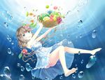 absurdres ahoge air_bubble apple banana barefoot basket blue_eyes brown_hair bubble dress flower food fruit grapes hair_flower hair_ornament highres lemon long_hair open_mouth smile solo submerged underwater watermelon yue_yue 