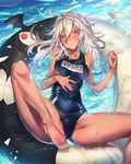  bad_anatomy bat_wings blush clenched_teeth dark_skin guilty_gear guilty_gear_xrd innertube looking_at_viewer one-piece_swimsuit oro_(sumakaita) ramlethal_valentine red_eyes school_swimsuit shiny shiny_clothes short_hair solo spread_legs swimsuit teeth thick_thighs thighs water wet white_hair wings 