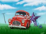  2016 adeptus-monitus bag blue_eyes blue_hair car cloud cutie_mark equine feathered_wings feathers female feral friendship_is_magic fur grass hair hi_res horn mammal my_little_pony outside princess_luna_(mlp) purple_feathers purple_fur sa1ntmax sky solo spread_wings vehicle winged_unicorn wings 
