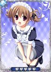  black_legwear black_ribbon brown_eyes brown_hair card_(medium) grisaia_(series) grisaia_no_kajitsu hair_ribbon irisu_makina looking_at_viewer maid maid_headdress open_mouth ribbon short_hair smile solo thighhighs 