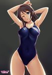  armpits arms_behind_head bare_arms bare_legs bare_shoulders black_background blue_eyes blue_swimsuit breasts brown_hair competition_swimsuit copyright_name covered_navel covered_nipples cowboy_shot highleg highleg_swimsuit highres large_breasts looking_at_viewer love_live! love_live!_sunshine!! one-piece_swimsuit one_eye_closed short_hair solo swimsuit thighs tongue tongue_out tony_guisado watanabe_you 