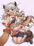  bangs bed_sheet belt between_breasts between_legs blurry blush breasts breasts_outside brown_footwear camieux censored character_censor depth_of_field draph frills granblue_fantasy horns knees_together_feet_apart kosuke_orz large_breasts long_hair long_sleeves low_twintails lying mushroom navel nose_blush novelty_censor on_back open_mouth panties panty_pull pink_panties sexually_suggestive shoes shorts shorts_pull silver_hair solo sweat twintails underwear vee_(granblue_fantasy) wavy_mouth wide_sleeves yellow_eyes 