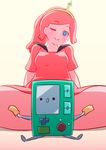  ;) adventure_time blue_eyes bmo breasts censored dress hairband long_hair medium_breasts mike_inel novelty_censor one_eye_closed pink_dress pink_hair pink_skin ponytail princess_bonnibel_bubblegum sailor_collar sitting smile solo spread_legs tape 