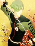  drawing_sword green_eyes green_hair highres katana male_focus sheath solo sword touken_ranbu uguisumaru unsheathing weapon yuta_(kchimuuuuu) 
