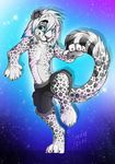  anthro clothed clothing ear_piercing fangs feline gard3r leopard looking_at_viewer male mammal navel open_mouth piercing simple_background smile solo teeth tongue topless 