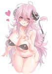  :q bikini black_bikini blush breasts cleavage deluxe&lt;&lt;&lt; gigantic_breasts heart highres horns long_hair looking_at_viewer navel original pink_eyes pink_hair pointy_ears simple_background smile solo swimsuit tongue tongue_out white_background 