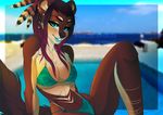  2016 anthro bikini blue_eyes breasts brown_fur canine chest_tuft clothing cyan_eyes eyelashes feathers female fur gradiewoof hair looking_at_viewer mammal midriff navel outside purple_hair solo swimsuit tagme tuft 