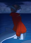  anthro bottomless clothed clothing cloud ear_piercing facial_piercing fish lip_piercing male marine open_mouth outside piercing sea shark solo sorimori standing water 