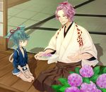 blue_hair flower hydrangea japanese_clothes kasen_kanesada male_focus multiple_boys purple_hair sayo_samonji seiza sitting touken_ranbu yuta_(kchimuuuuu) 