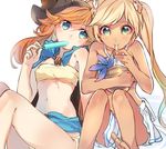  barefoot bikini blonde_hair blue_eyes coconut commentary_request flower food granblue_fantasy green_eyes hair_flower hair_ornament hair_ribbon io_euclase mikan-uji multiple_girls navel orange_hair popsicle ribbon sara_(granblue_fantasy) sitting swimsuit tan 