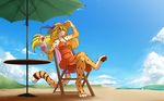  16:10 2016 anthro beach beverage blonde_hair chair cheetah chest_tuft clothed clothing crossed_legs detailed_background digitigrade dress feline female fur glass hair hat hi_res long_hair mammal mihari multicolored_fur orange_fur parasol pawpads sand seaside sitting smile solo spots spotted_fur table tom_fischbach tuft white_fur 