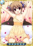  blonde_hair blue_ribbon breasts brown_eyes brown_hair card_(medium) collarbone grisaia_(series) grisaia_no_kajitsu hair_ribbon indoors irisu_makina kneeling nipples open_mouth petals ribbon short_hair small_breasts solo 