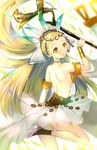  aozora_nan armlet bare_back blonde_hair bracer choker circlet dress feathers granblue_fantasy green_eyes headdress highres holding jewelry leg_up long_hair petra_(granblue_fantasy) solo sparkle staff very_long_hair 