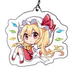  blonde_hair blush bow chibi clenched_hands commentary_request eyebrows eyebrows_visible_through_hair flandre_scarlet frilled_skirt frills full_body hair_between_eyes hat hat_bow keychain looking_at_viewer mob_cap puffy_short_sleeves puffy_sleeves red_eyes shoes short_hair short_sleeves side_ponytail simple_background sitting skirt skirt_set smile socks solo touhou white_background wings yada_(xxxadaman) 