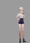  absurdres boots glasses highres kyokugen_dasshutsu long_legs official_art overalls phi_(kyokugen_dasshutsu) short_hair shorts simple_background solo tomono_rui white_hair zero_time_dilemma 