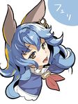  :d animal_ears bangs blue_hair blush brown_eyes character_name earrings erune ferry_(granblue_fantasy) granblue_fantasy hair_between_eyes hoop_earrings jewelry long_hair machizou open_mouth simple_background single_earring sketch smile solo upper_body wavy_hair white_background 