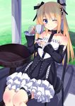 ;) absurdres bare_shoulders blonde_hair blue_eyes chair closed_mouth commentary_request cup dead_or_alive dead_or_alive_5 detached_sleeves flat_chest frills gothic_lolita hair_ribbon highres lolita_fashion long_hair marie_rose nishisan_(mikurosu) one_eye_closed ribbon saucer sitting smile solo teacup twintails 