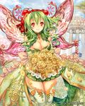  bangs blue_sky blush boots bouquet breasts cherry_blossoms cleavage cloud company_name day dress eikou_no_guardian_battle fairy fairy_wings flower flying green_dress green_hair hair_between_eyes hair_flower hair_ornament hairband highres large_breasts long_hair looking_at_viewer madogawa official_art petals red_eyes sky smile solo thigh_boots thighhighs wings 