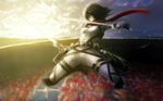  amrrr belt black_hair cloud dual_wielding highres holding holding_weapon mikasa_ackerman outdoors paradis_military_uniform scarf scenery shingeki_no_kyojin sky solo sun sword thigh_strap three-dimensional_maneuver_gear twilight uniform weapon 