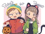  1boy 1girl animal_ears beanie brown_eyes brown_hair cape cat_ears coat eric_cartman fangs halloween halloween_costume hat heidi_turner hood hoodie jacket long_hair nojiko_(natumag) open_mouth paw_pose pumpkin short_hair smile south_park trick_or_treat 