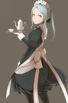  absurdres akuria apron back bad_id bad_pixiv_id blue_hair bow cup fire_emblem fire_emblem_if flora_(fire_emblem_if) grey_background grey_eyes highres long_hair maid maid_apron maid_headdress open_mouth pantyhose simple_background solo teacup teapot thighhighs twintails 