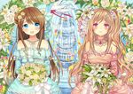  bangs bare_shoulders bird blonde_hair blue_dress blue_eyes blue_wedding_dress blush bouquet bow breasts brown_hair cleavage collarbone dove dress eyebrows eyebrows_visible_through_hair flower fountain hair_bow hair_bun hair_flower hair_ornament hairclip holding kurata_rine long_hair looking_at_viewer madogawa medium_breasts multiple_girls one_side_up open_mouth original petals pink_dress pink_eyes pink_wedding_dress ribbon smile tears wedding_dress 