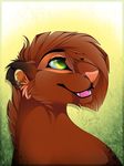  fangs feline female feral gard3r hair lion mammal open_mouth red_hair simple_background smile solo teeth tongue 