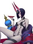  1girl breasts cleavage fate/grand_order fate_(series) horns impossible_clothes japanese_clothes kimono looking_at_viewer navel open_kimono paul_kwon purple_hair revealing_clothes sakazuki short_hair shuten_douji_(fate/grand_order) smile solo stomach 