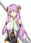  1girl bare_shoulders belt black_gloves braid breasts cow_girl cow_horns elbow_gloves female gloves granblue_fantasy hair_ornament hair_over_one_eye hairclip highres horns isshii13 large_breasts long_hair looking_at_viewer narumeia_(granblue_fantasy) pink_hair pointy_ears purple_eyes simple_background smile solo sword upper_body weapon white_background 
