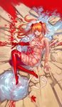  artist_name bandaged_arm bandages blood blood_splatter blue_eyes boots breasts crack dspell eyelashes eyepatch frown full_body ground hairpods highres injury intravenous_drip large_breasts liquid logo long_hair looking_at_viewer lying naked_bandage neon_genesis_evangelion nude on_back on_ground orange_hair puddle red_footwear rock skindentation solo souryuu_asuka_langley tape thigh_boots thighhighs two_side_up 