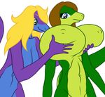  anthro ashley_brooks big_breasts blonde_hair blue_eyes breasts brown_hair female green_eyes hair huge_breasts lizard nude reptile samantha_brooks sarcolopter scalie sibling simple_background sisters standing white_background 