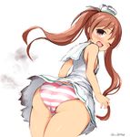  ass brown_eyes brown_hair don_(29219) dress from_behind from_below hat kantai_collection libeccio_(kantai_collection) long_hair one_eye_closed panties paravane sailor_dress solo striped striped_panties tears torn_clothes twintails underwear 