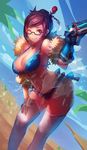  alternate_costume bare_legs bare_shoulders bikini black-framed_eyewear blue_bikini blue_gloves blurry breasts brown_eyes brown_hair cleavage day depth_of_field dutch_angle glasses gloves hair_bun hair_ornament hair_stick hand_on_leg highres ibara_dance large_breasts leaning_forward looking_at_viewer mei_(overwatch) one_eye_closed outdoors overwatch solo stomach swimsuit thighs white_legwear 