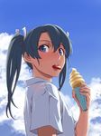  :p blue_eyes blue_hair blue_sky blush cloud day food from_side hair_between_eyes hair_ribbon holding holding_food ice_cream ishii_hisao kantai_collection looking_at_viewer looking_to_the_side ribbon shirt short_hair short_sleeves short_twintails sky solo summer teeth tongue tongue_out twintails upper_body water water_drop wet white_ribbon white_shirt wrapper zuikaku_(kantai_collection) 